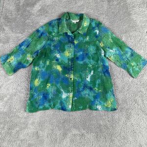 Tantrums Women's Long Sleeve Button Up Top XXL Mesh Cutout Blue Green Burnout